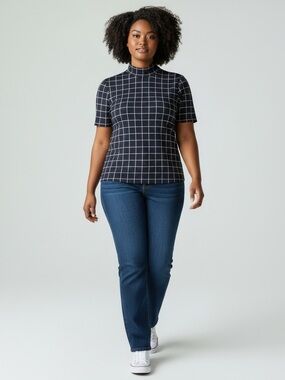 RW&CO. Navy and White Windowpane Mock Neck Short Sleeve Top